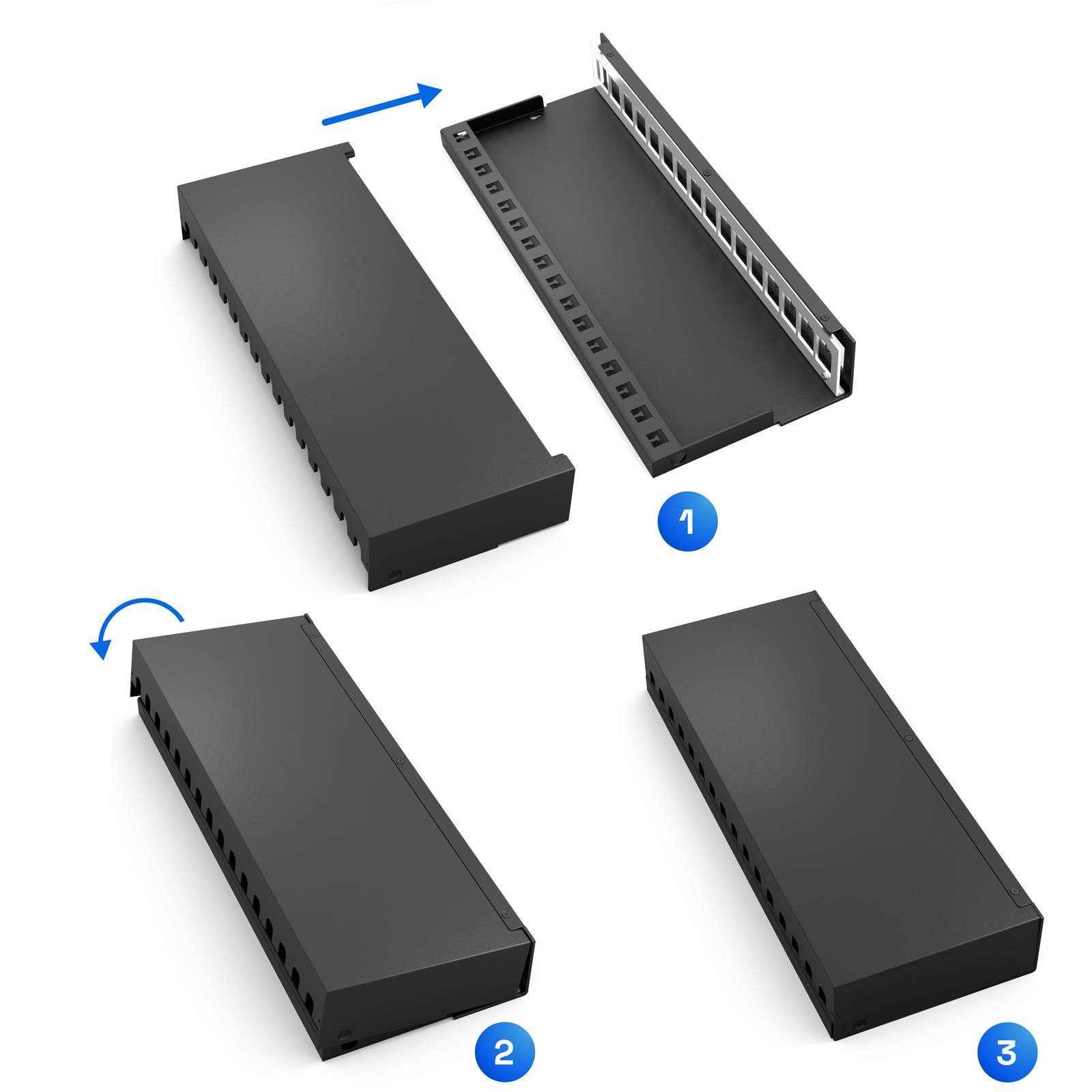 hb-digital Patch Panel 16 Port für Keystone Module Patchfeld Patchbox Gehäuse schwarz