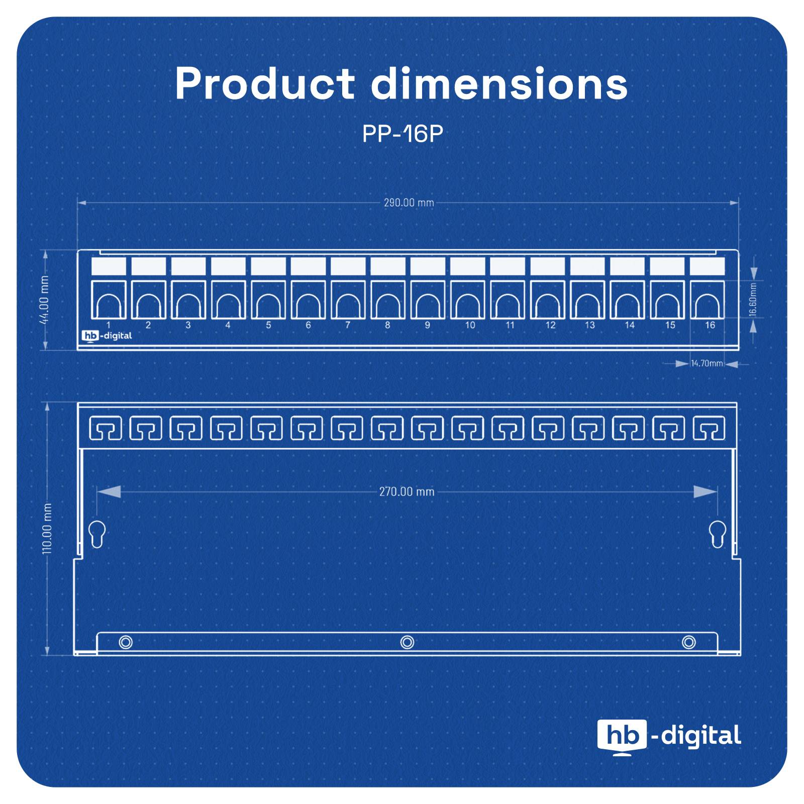 hb-digital Patch Panel 16 Port für Keystone Module Patchfeld Patchbox Gehäuse schwarz