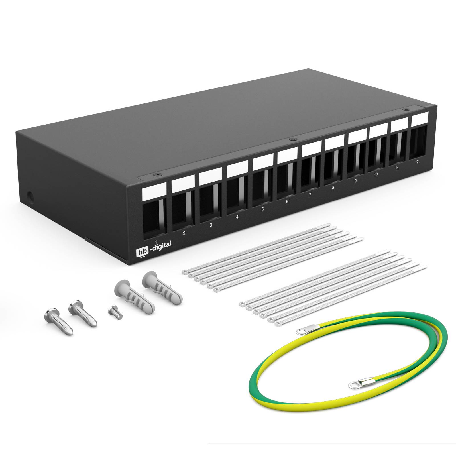 8-Port schwarzes Netzwerk-Patchfeld mit nummerierten Anschlüssen, Befestigungsschrauben, Kabelbindern und grün-gelbem Erdungsdraht auf weißem Hintergrund