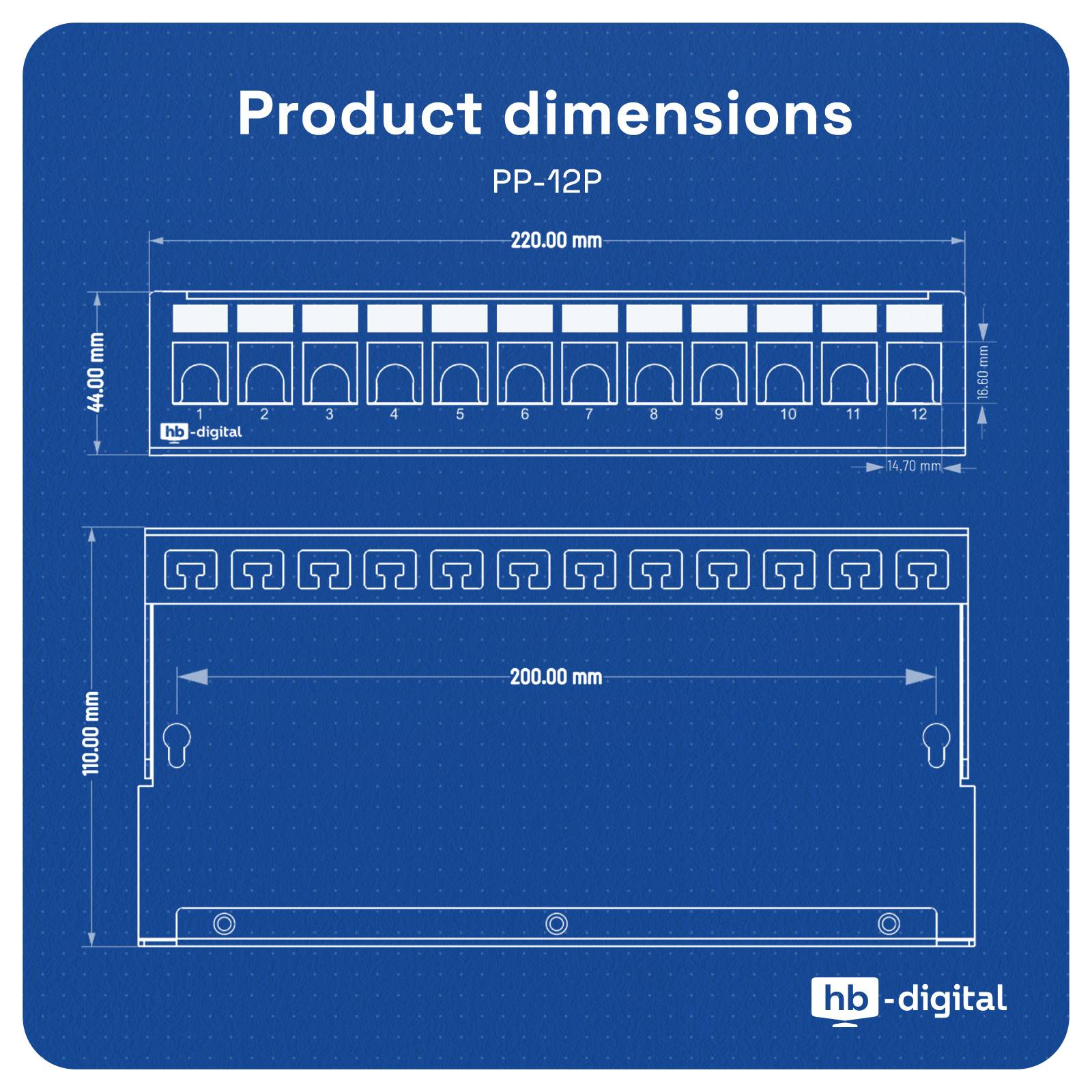 hb-digital Patch Panel 12 Port für Keystone Module Netzwerk Verteilerfeld Gehäuse schwarz