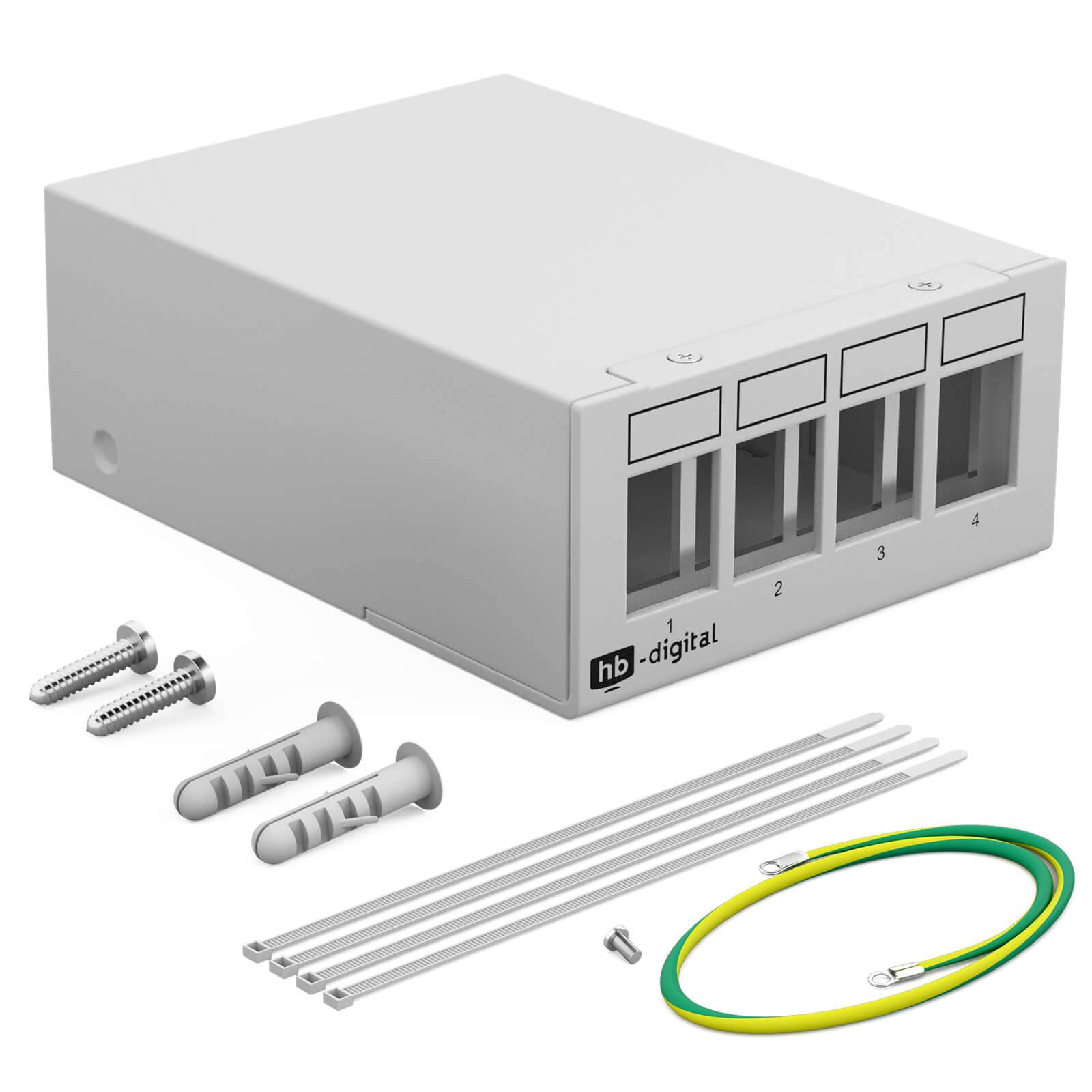 hb-digital Patch Panel 4 Port für Keystone Module Netzwerk Patch Box Gehäuse grau