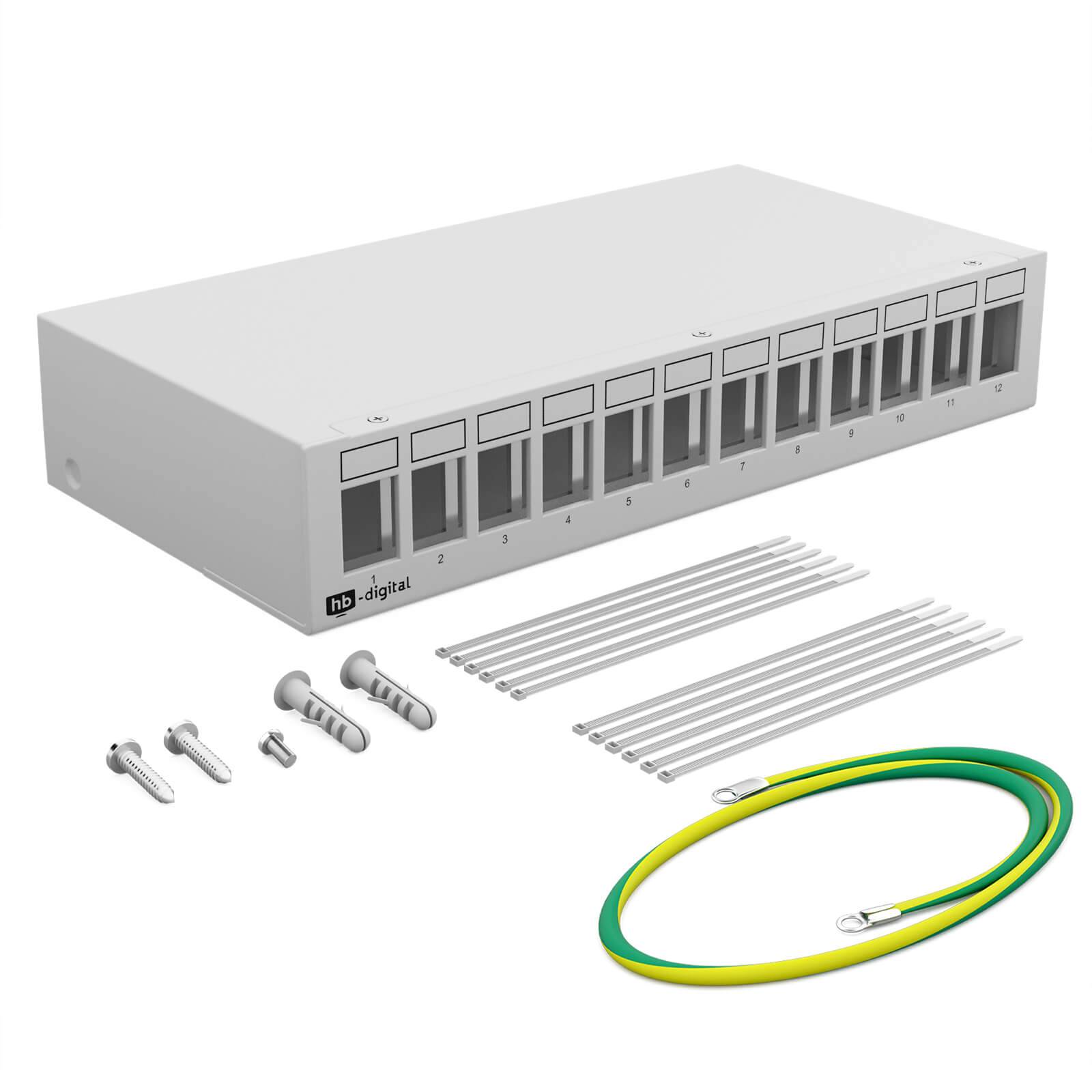 hb-digital Patch Panel 12 Port für Keystone Module Netzwerk Verteilerfeld Gehäuse hellgrau