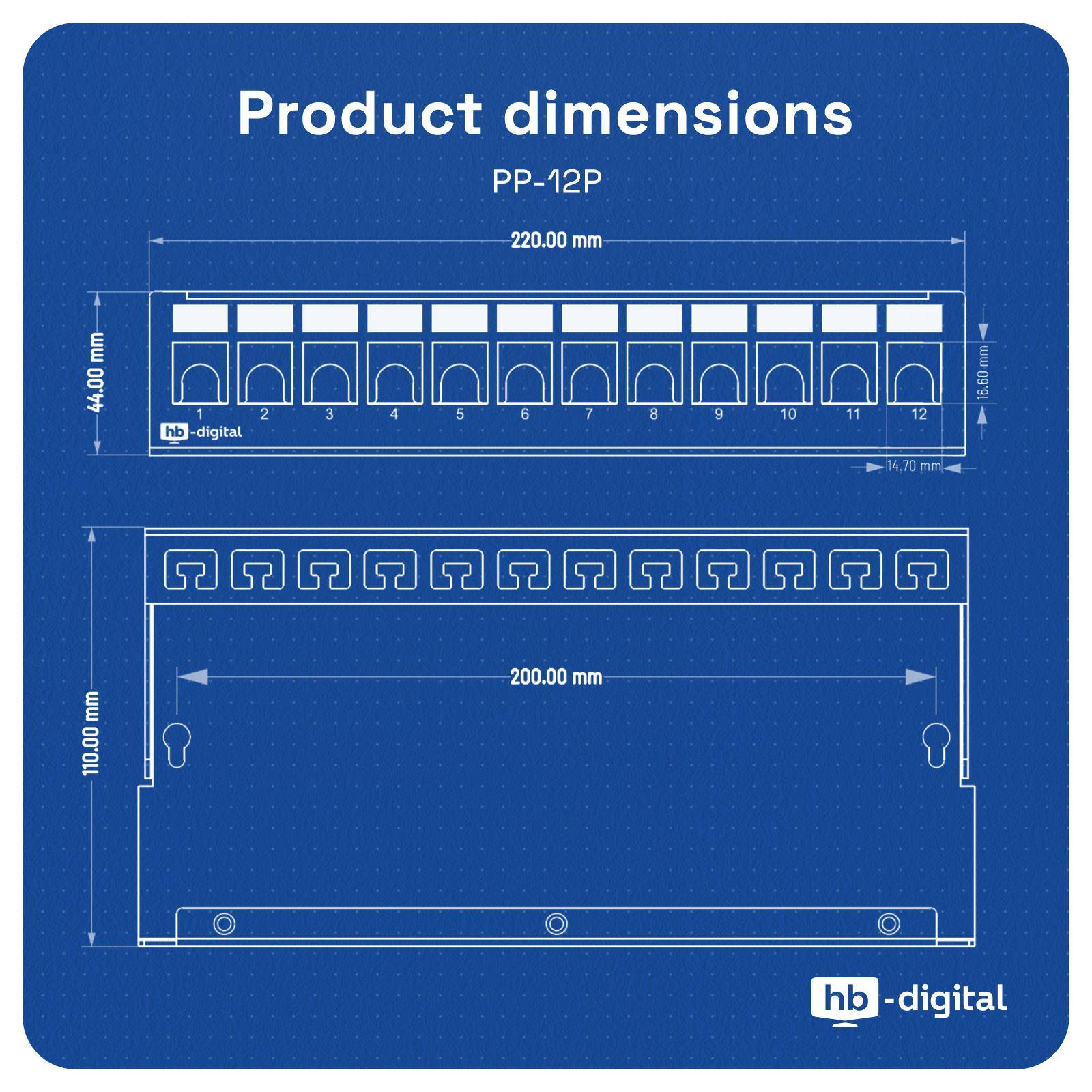 hb-digital Patch Panel 12 Port für Keystone Module Netzwerk Verteilerfeld Gehäuse hellgrau