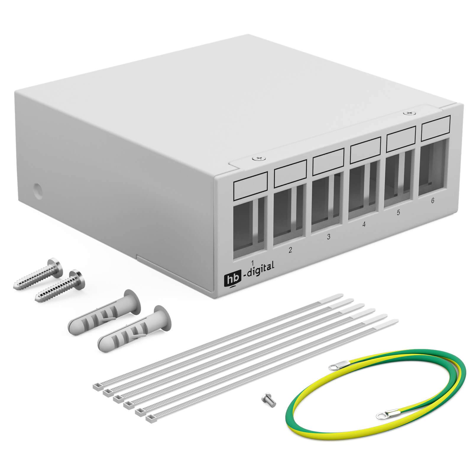 hb-digital Patch Panel 6 Port für Keystone Module Netzwerk Switch Gehäuse grau