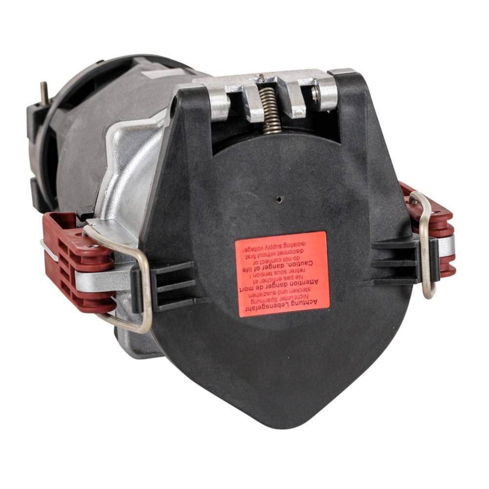 Ein Elektromotor mit schwarzem Gehäuse, versehen mit einer roten Warnungsetikette auf der Oberseite und seitlichen Klammern zum Montieren oder Befestigen von Komponenten.