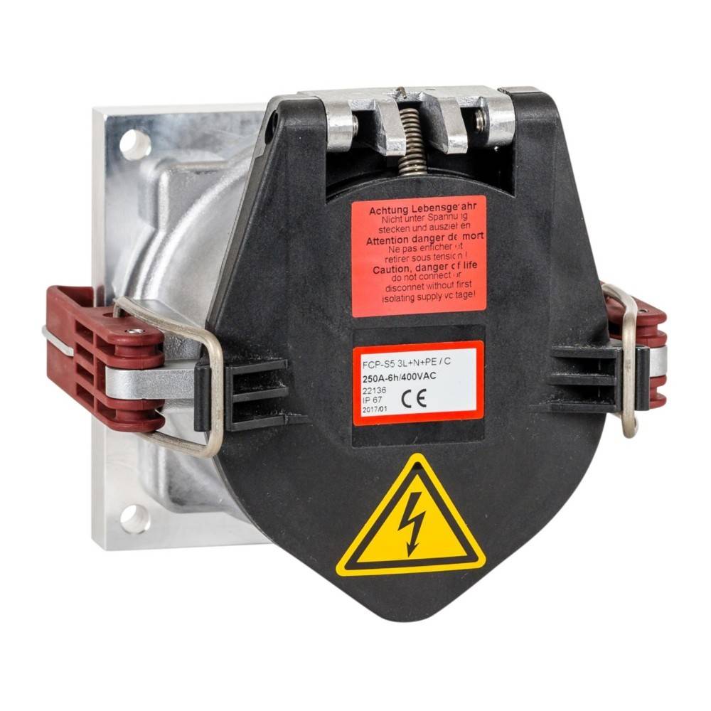 Stromverbinder mit roten Klemmen, Warnaufklebern und einem Warnzeichen, das eine elektrische Gefahr anzeigt. Montiert auf einer Metallbasis.