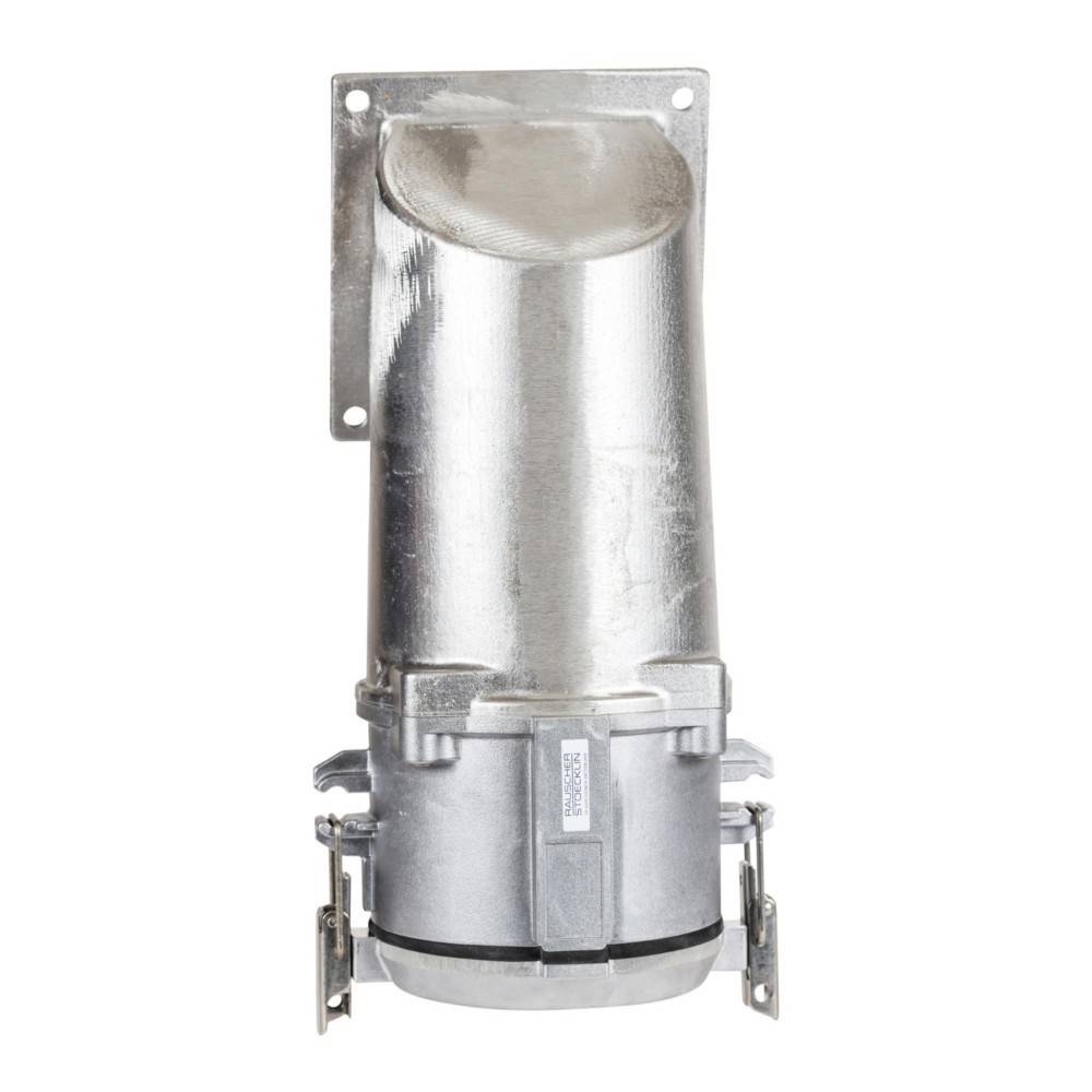 Eine silberne industrielle Rohrverschraubung mit Montageplatte, die eine zylindrische Form und sichere Verschlüsse aufweist, wahrscheinlich für Belüftung oder Abluft verwendet.