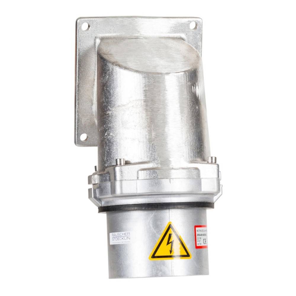 Eine metallische elektrische Komponente mit einem dreieckigen Warnschild, auf dem ein Blitzsymbol einen Hochspannungshinweis anzeigt.