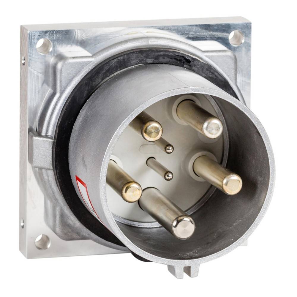 Ein Metall-Industrieanschluss mit fünf goldfarben Pins, die in einer kreisförmigen Anordnung angeordnet sind, eingesetzt in einer quadratischen Montageplatte.