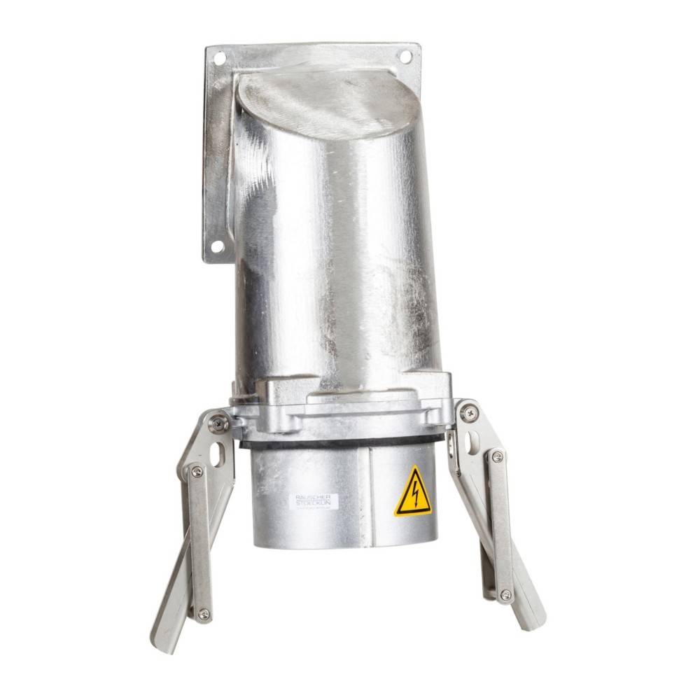 Industrietauglicher Metallstecker mit Schutzabdeckung und klappbaren Griffen. Ein gelbes elektrisches Gefahrensymbol weist auf Vorsicht hin.