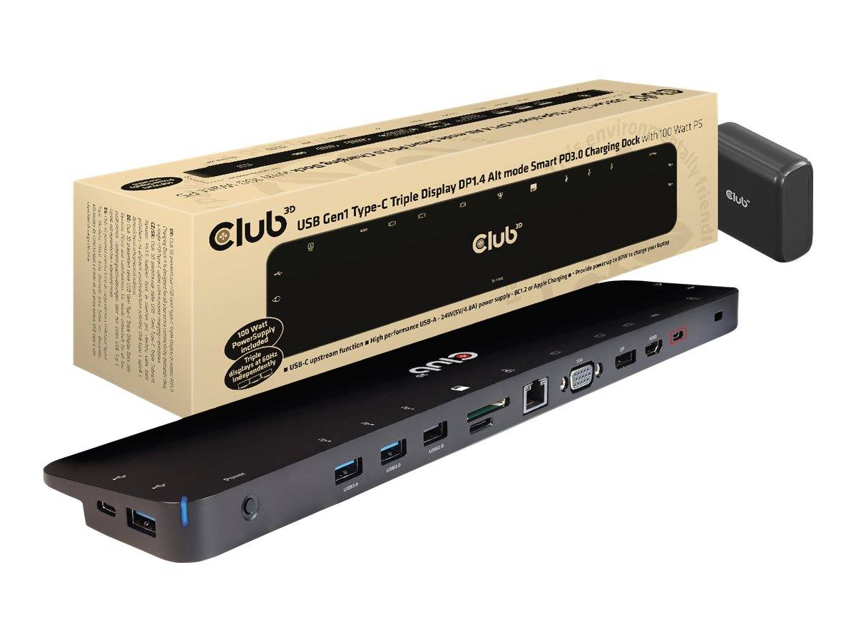 Club USB-C 13-in-1 Dockingstation, gezeigt mit Einzelhandelverpackung und kompakte schwarze Dockingstation mit mehreren Anschlüssen, einschließlich USB, Ethernet, HDMI und Stromversorgung.