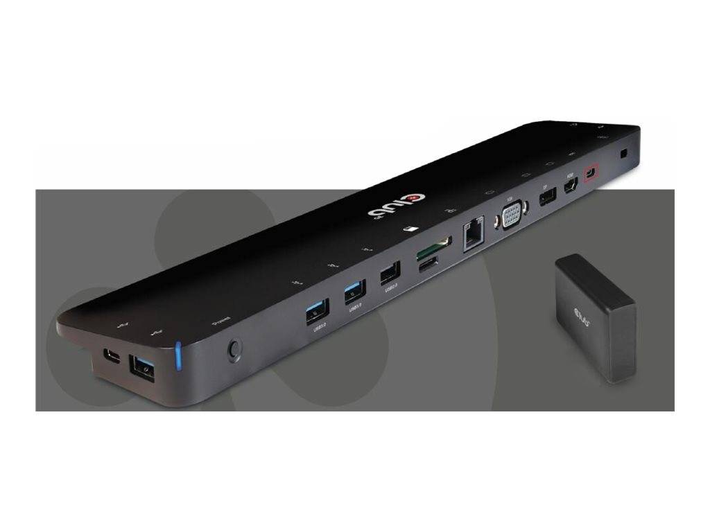 Schwarze Laptop-Dockingstation mit mehreren Anschlüssen und angebrachtem USB-C-Adapter auf grauem Hintergrund dargestellt.