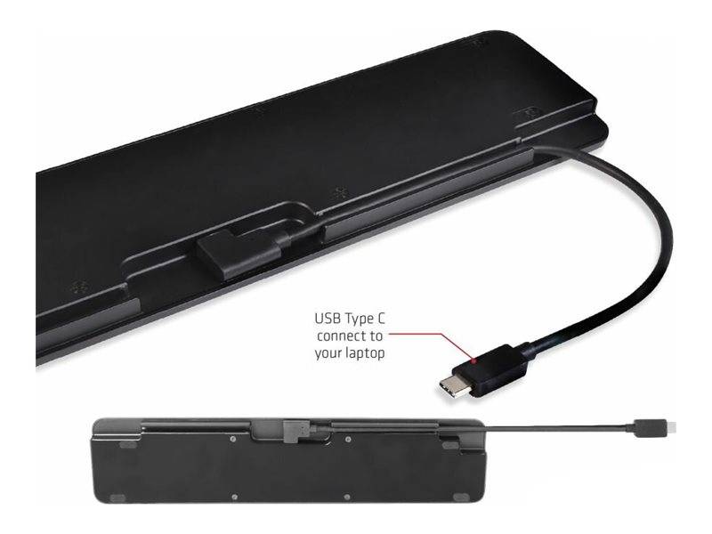 Schwarze Laptop-Batterie mit angeschlossenem USB-Type-C-Kabel, beschriftet mit „Mit Ihrem Laptop verbinden", in zwei Ansichten auf weißem Hintergrund gezeigt.
