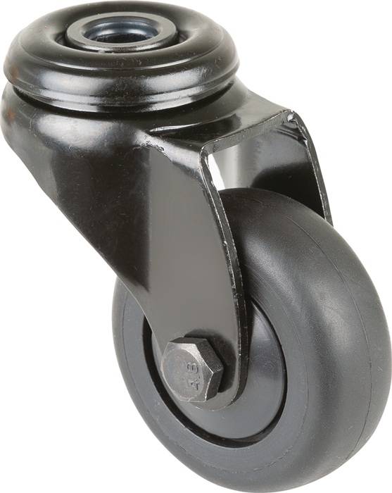 Ein Lenkrolle mit schwarzem Metallhalter und Gummirad, konzipiert für den Einsatz an Möbeln oder Ausrüstung, zur Verbesserung der Mobilität.