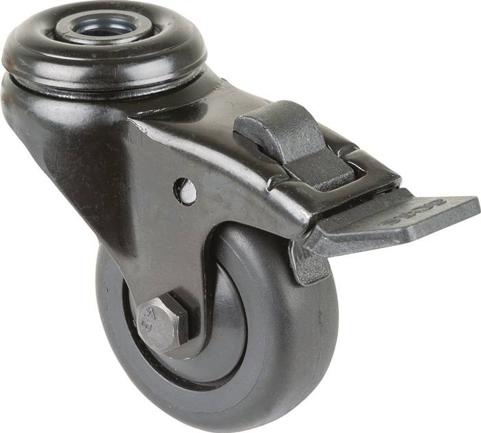 Eine Nahaufnahme eines schwarzen Lenkrads mit einer Metallhalterung und einem Gummireifen, das üblicherweise für die Mobilität von Möbeln oder Ausrüstung verwendet wird.