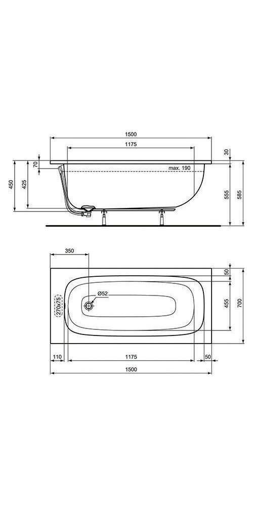Ideal Standard IDS Körperform-Badewanne i.life 1500x700x450mm Weiß
