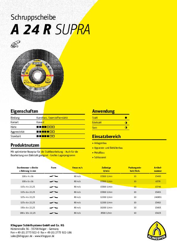 Schruppscheibe A 24 R Supra D180xS4mm gekr.STA Bohr.22,23mm KLINGSPOR