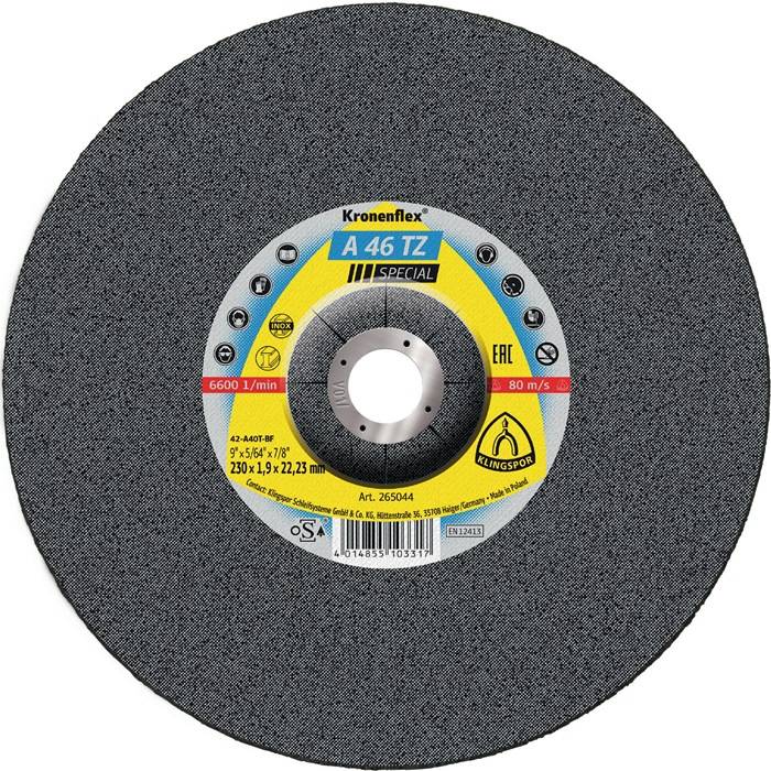 Kronenflex' A 46 TZ Spezial Trennscheibe, 230x1,9x22,23mm, 80 m/s Geschwindigkeit, zum Metallschneiden. Mit Sicherheitssymbolen und Spezifikationen.