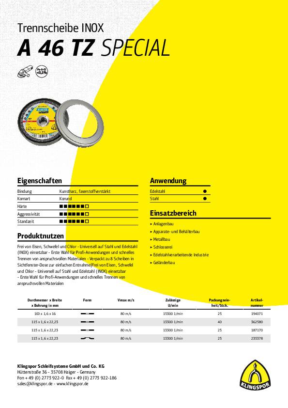 Trennscheibe A 46 TZ Special D150x1,6mm ger.INOX Bohr.22,23mm KLINGSPOR