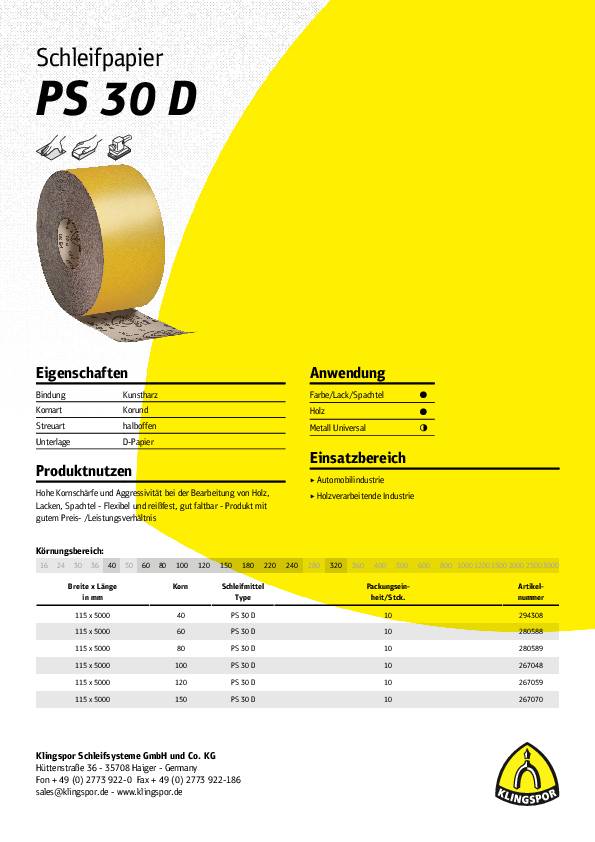 Schleifpapierrolle PS 30 D 115mm K.240 f.Lack/Farbe/Spachtel Korund KLINGSPOR