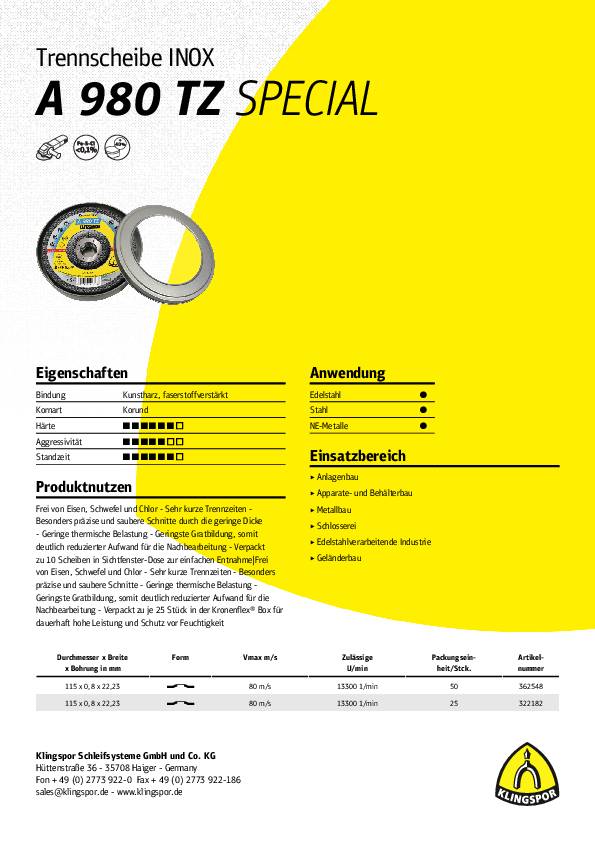 Trennscheibe A 980 TZ Special D125x0,8mm gekr.INOX Bohr.22,23mm KLINGSPOR
