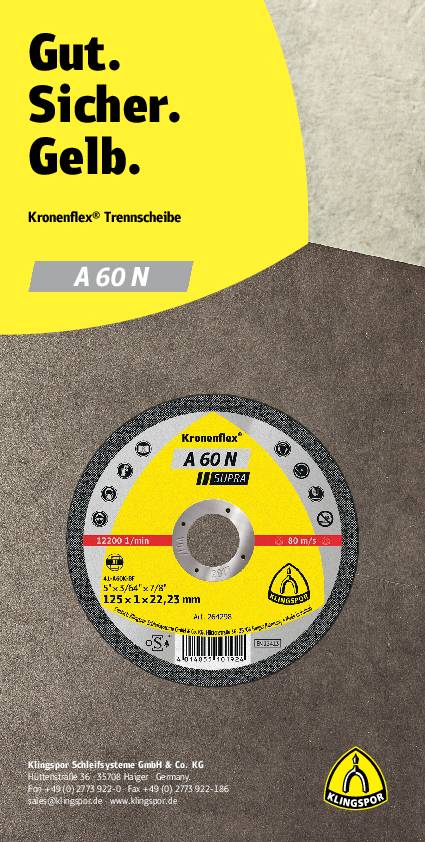 Trennscheibe A 60N Supra D125x1mm ger.Alu.Bohr.22,23mm KLINGSPOR