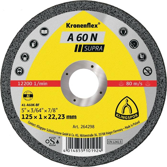 Trennscheibe A 60N Supra D125x1mm ger.Alu.Bohr.22,23mm KLINGSPOR
