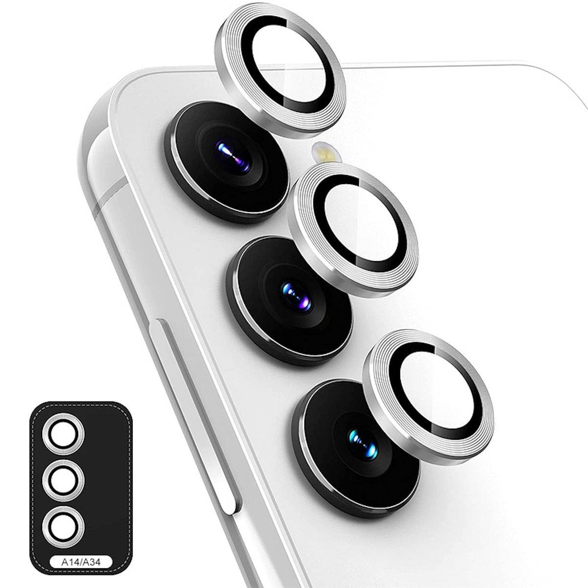 Für Samsung Galaxy A14 / A34 Aluminium Ring Kamera + H9 Tempered Hart Glas Film Silber