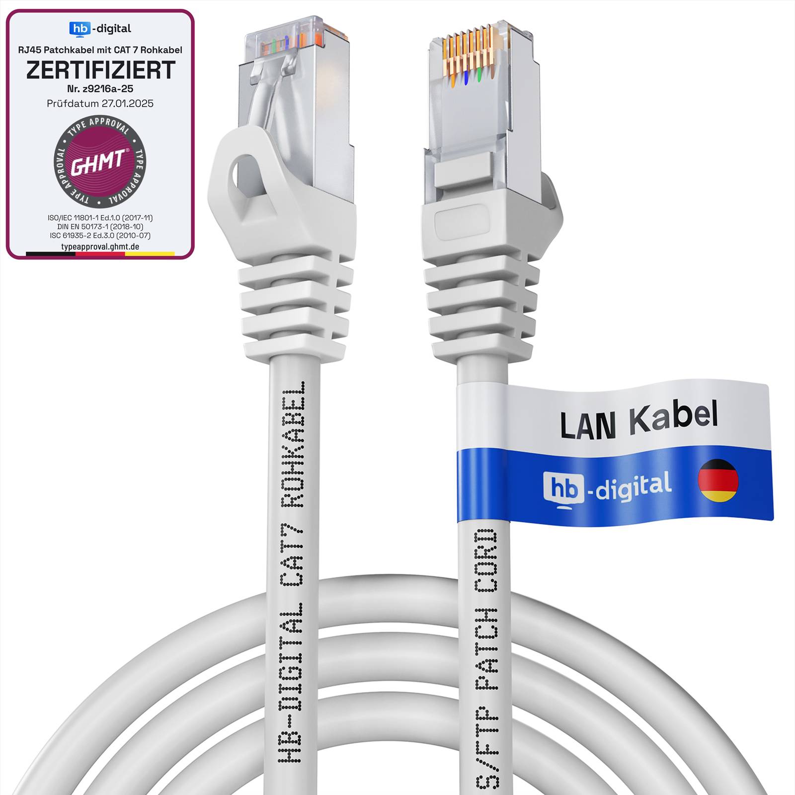 hb-digital 2x Patchkabel 0.25m CAT7 RJ45 S/FTP PiMF LSZH AWG 26 halogenfrei weiß