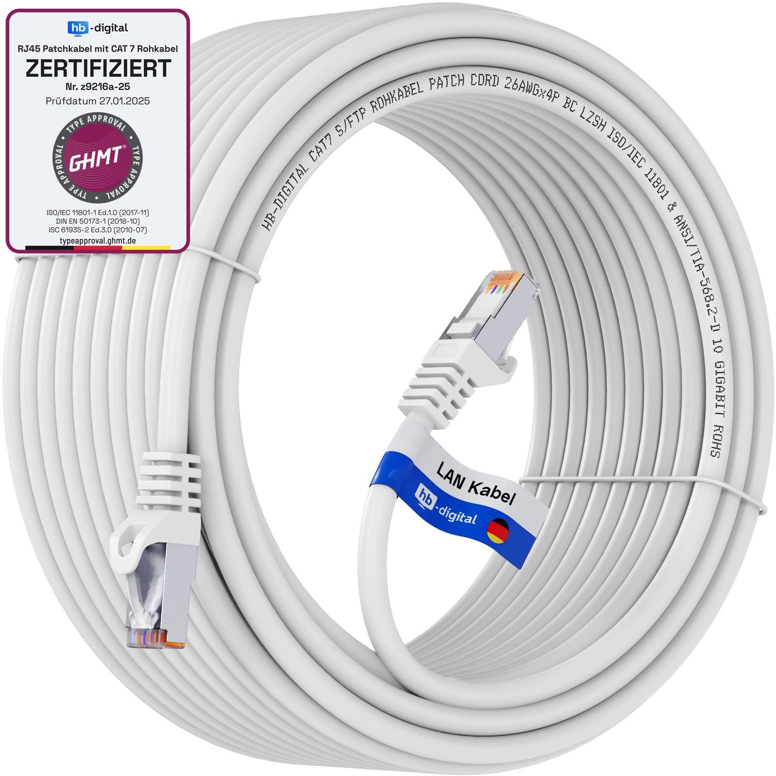 hb-digital LAN Kabel CAT7 Rohkabel RJ45 S/FTP PiMF Netzwerkkabel 50m weiß
