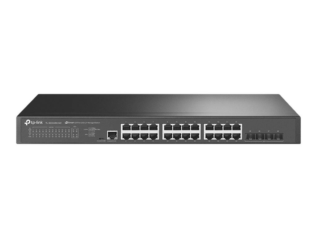 Vorderansicht eines TP-Link Rackmount-Netzwerk-Switches mit mehreren Ethernet-Anschlüssen und Statusanzeigeleuchten auf einem schlichten weißen Hintergrund.