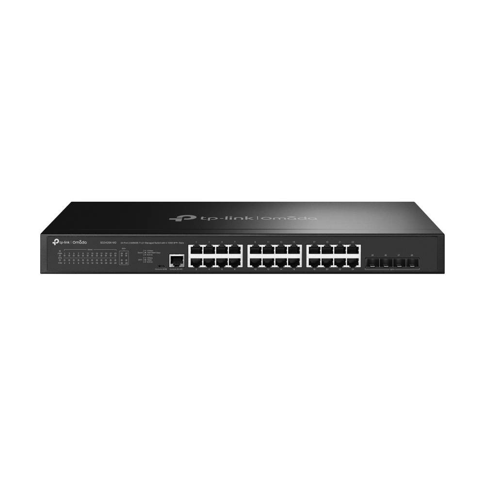 Vorderansicht eines TP-Link Ethernet-Netzwerkschalters mit mehreren Anschlüssen und Statusleuchten auf weißem Hintergrund.