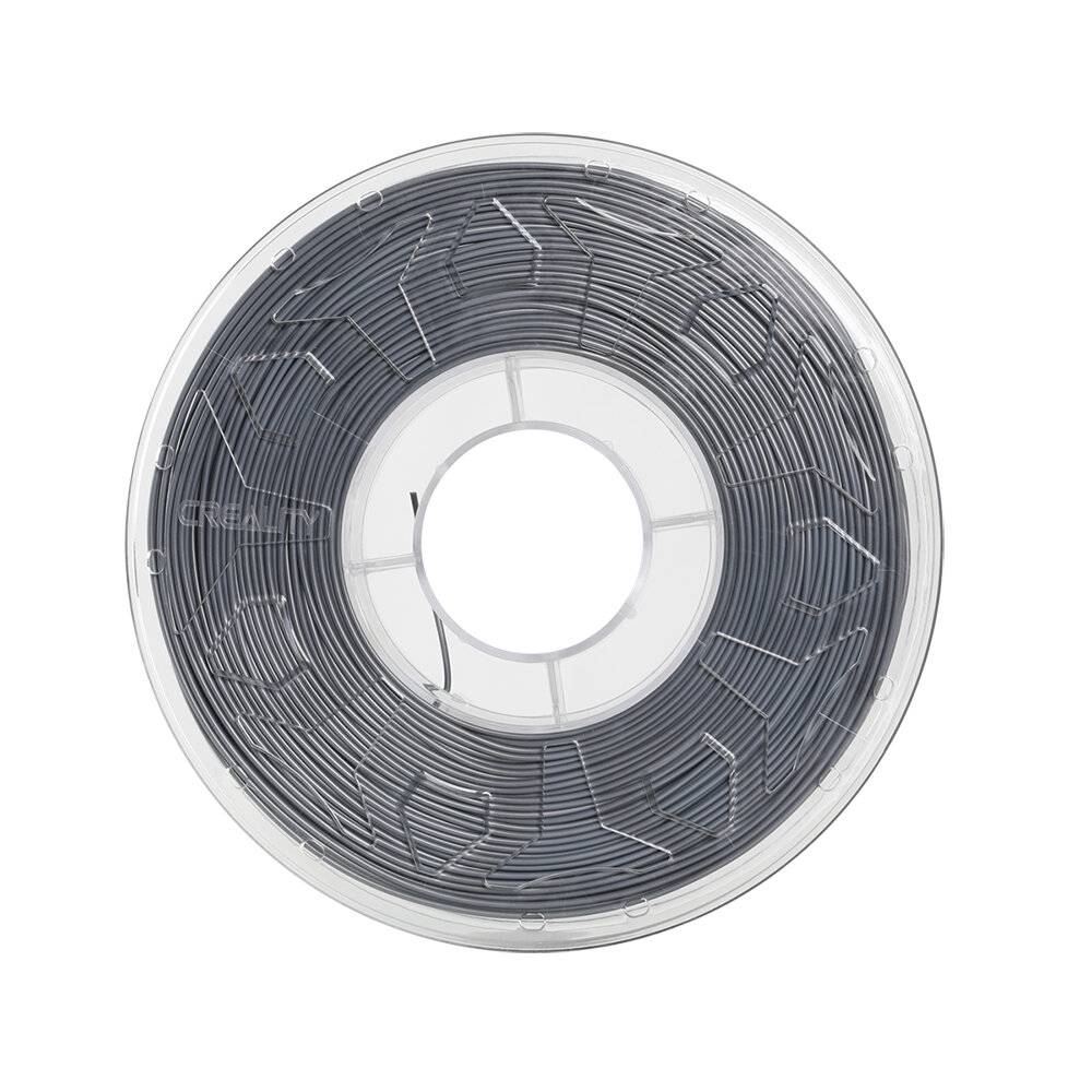 Eine transparente Spule mit aufgewickeltem dunkelgrauem Filament, dargestellt als Produktbild aus der Draufsicht auf weißem Hintergrund.