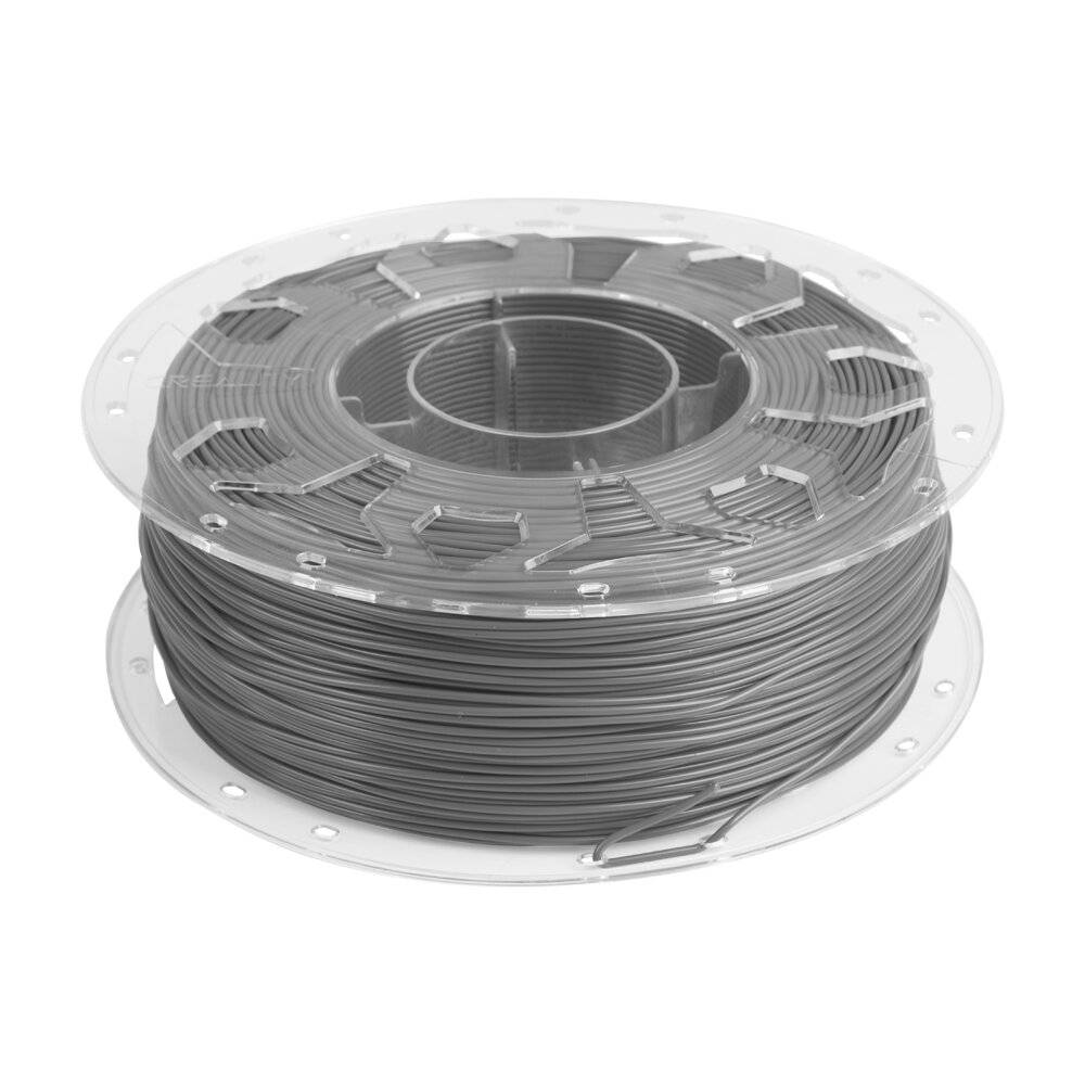 Spule graues 3D-Druckfilament auf einer durchsichtigen Kunststoffspule, auf weißem Hintergrund dargestellt.