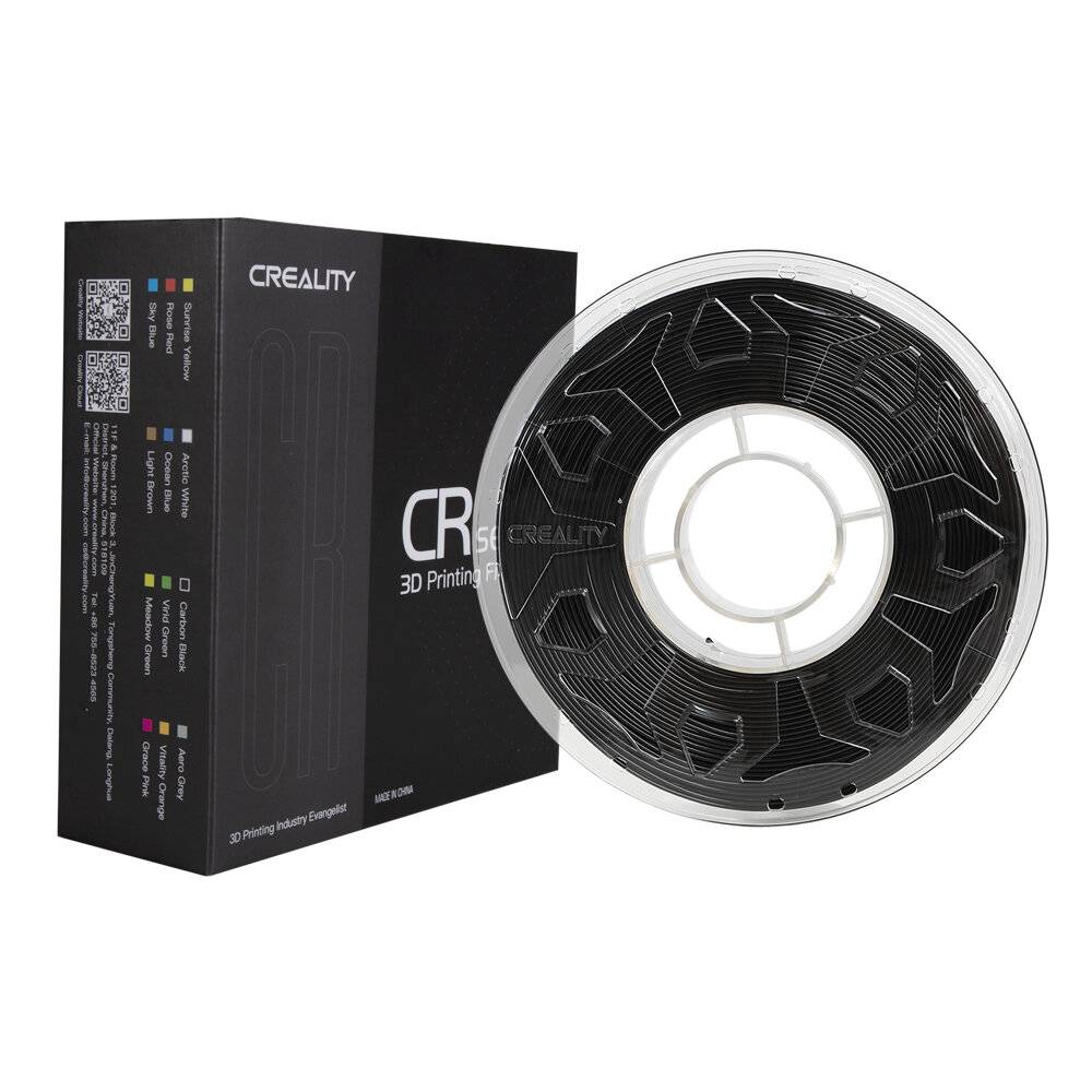 Schwarze Creality CR-Serie 3D-Drucker-Filamentspule neben ihrer Produktbox auf weißem Hintergrund.