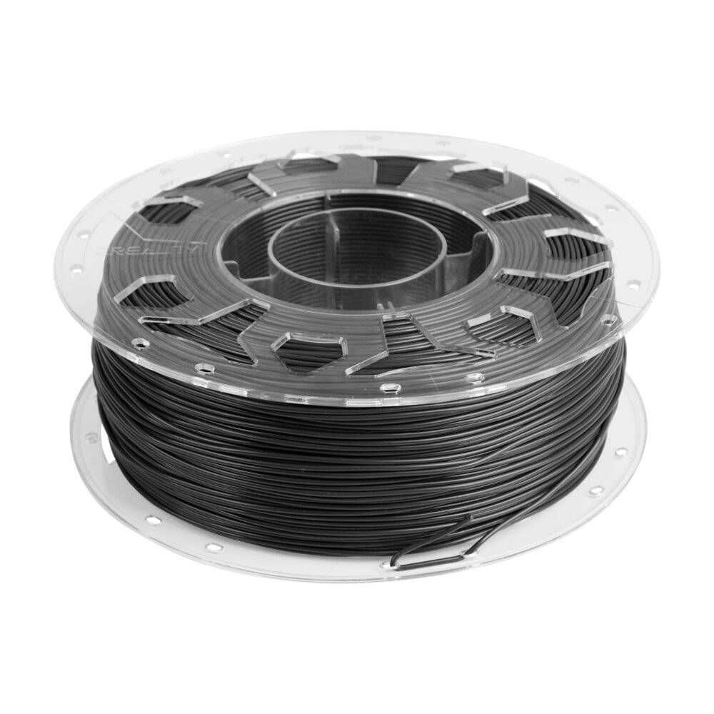 Spule mit schwarzem 3D-Drucker-Filament auf einer durchsichtigen Kunststoffspule vor weißem Hintergrund aufgewickelt.