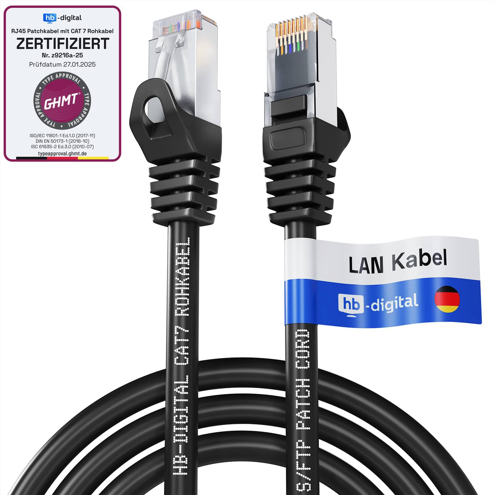 hb-digital 5x Patch Kabel 0.5m CAT7 RJ45 S/FTP PiMF LSZH AWG 26 halogenfrei schwarz