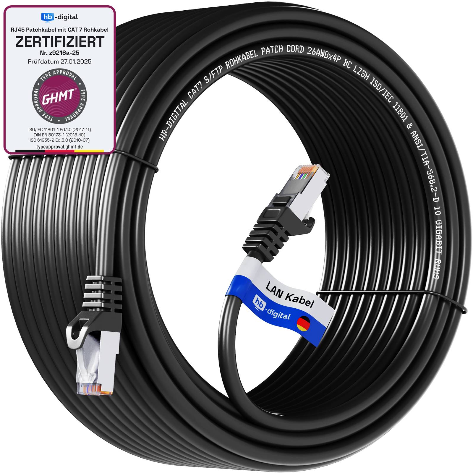 hb-digital LAN Kabel CAT7 Rohkabel RJ45 S/FTP PiMF Netzwerkkabel 30m schwarz