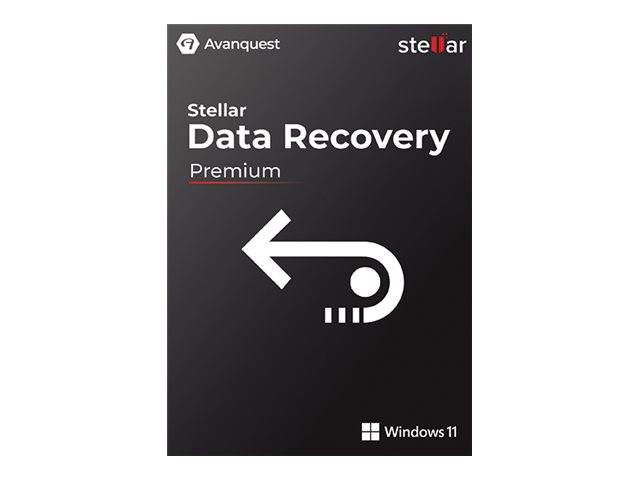 Softwarebox für Avanquest Stellar Data Recovery Premium für Windows 11, zeigt ein weißes Wiederherstellungspfeil-Symbol auf dunklem Hintergrund.