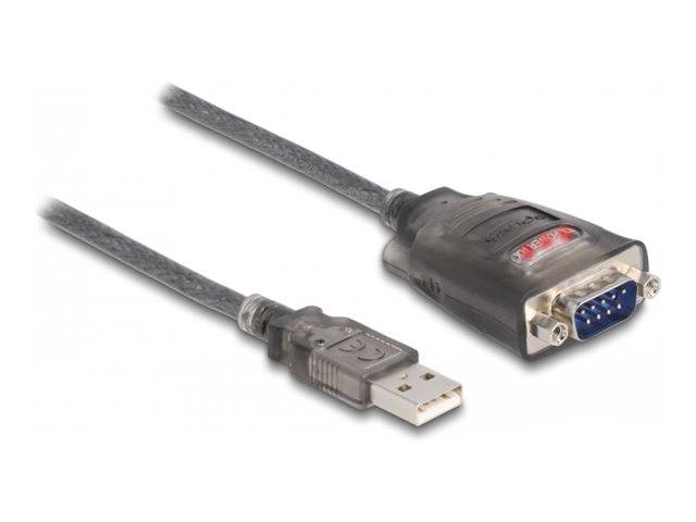 USB-zu-Seriell-Adapterkabel mit USB-A-Stecker auf der einen Seite und blauem 9-polligem Seriellstecker auf der anderen Seite.