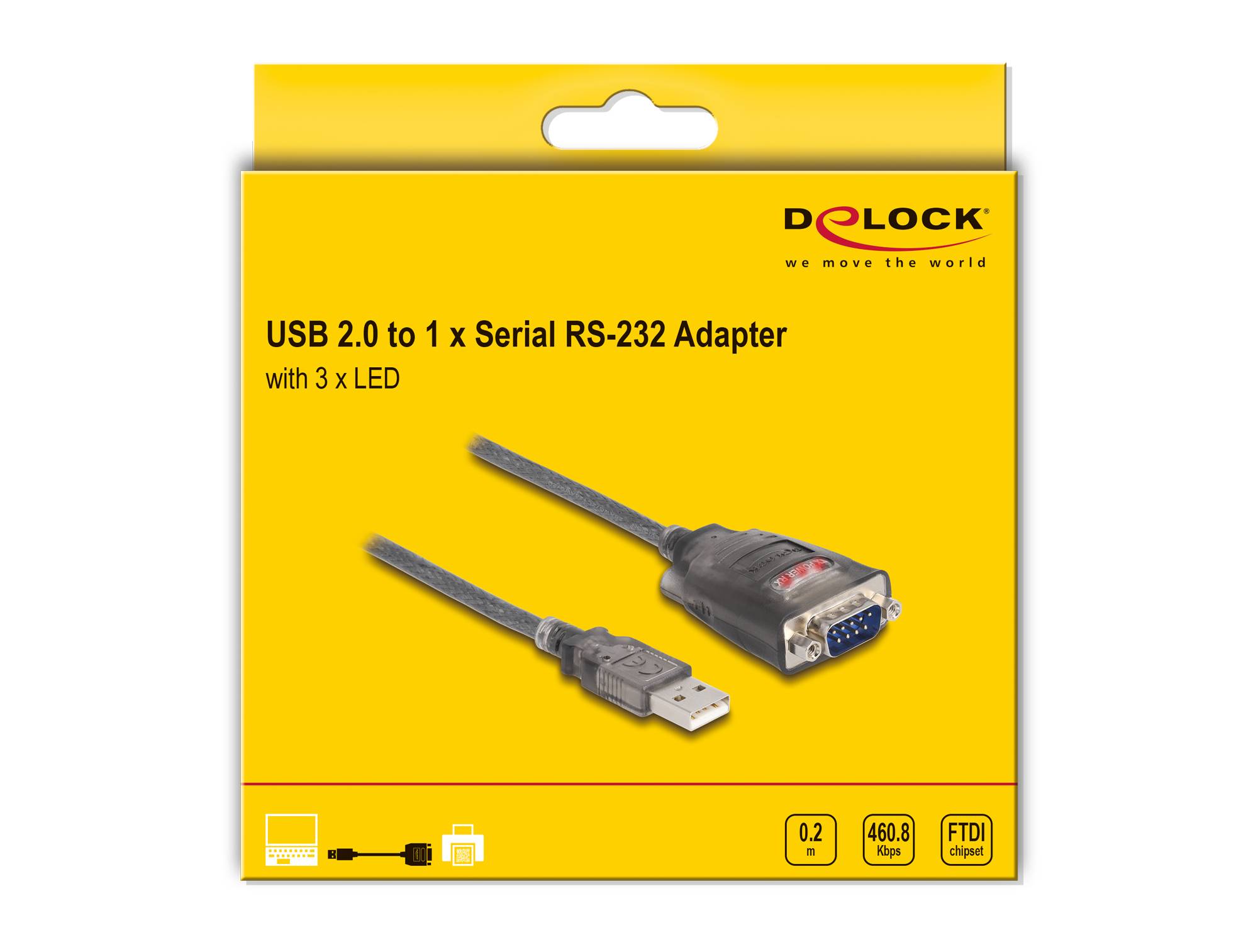 Paket für Delock USB 2.0 zu 1x Seriell RS-232 Adapter mit 3 LEDs, zeigt USB- und Seriellstecker-Kabel auf einer gelben Schachtel.