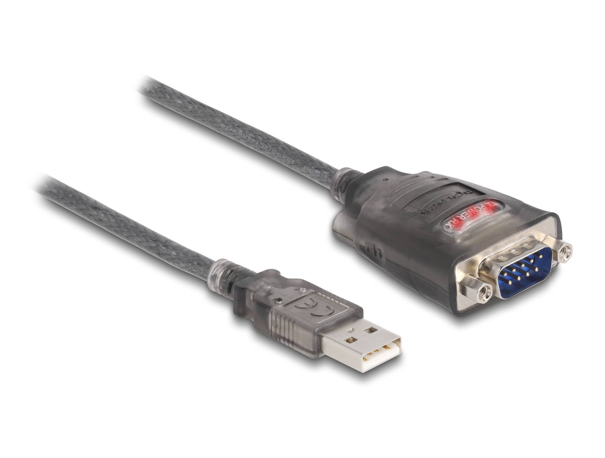 USB-zu-Seriell-Adapterkabel mit USB-A-Stecker an einem Ende und 9-poliger Serienverbinder am anderen Ende.