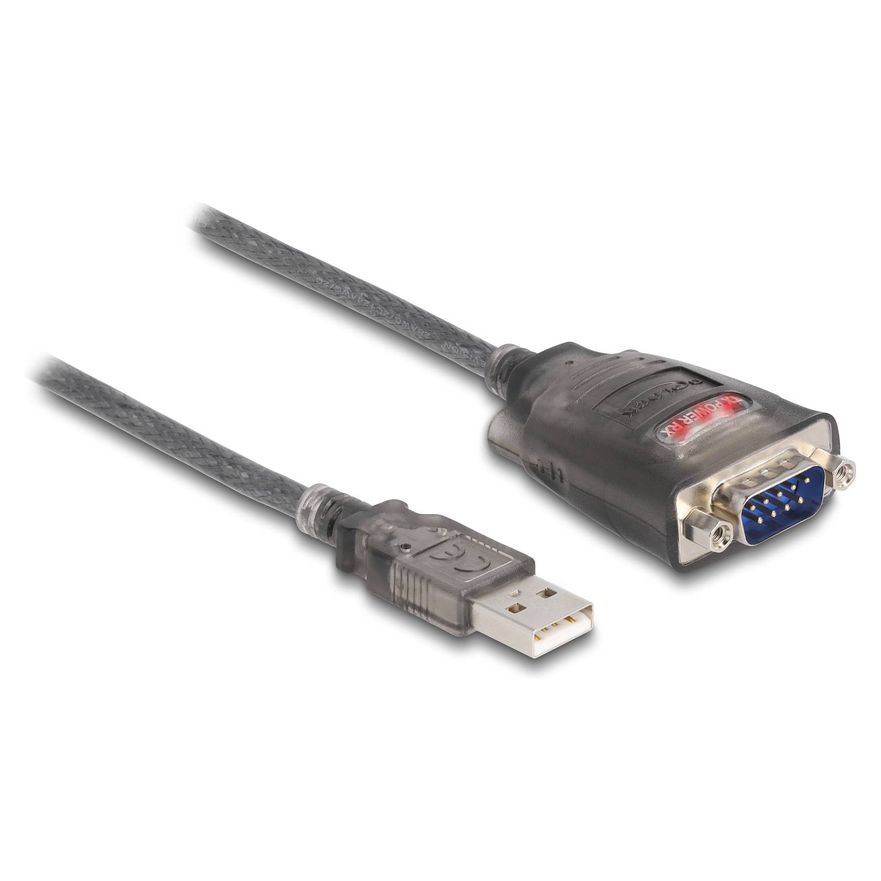 USB-zu-Seriell-Adapterkabel mit USB-A-Stecker und DB9-Seriellverbinder, gezeigt auf weißem Hintergrund.