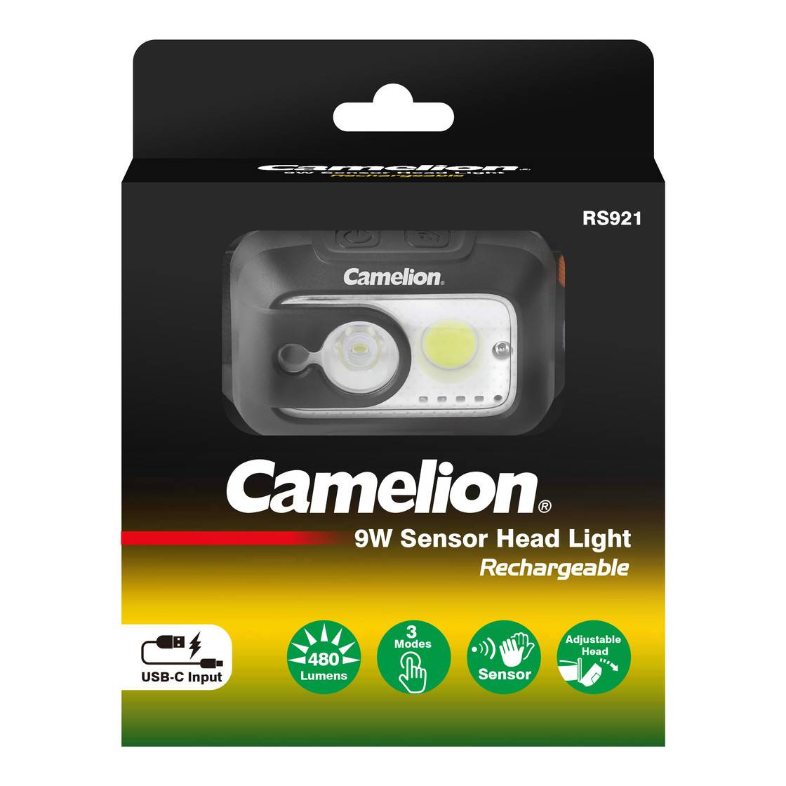 Camelion RS921 wiederaufladbarer 9W Sensor-Stirnleuchtensatz mit USB-C-Eingang, 480 Lumen, 3 Modi, verstellbarer Kopf und Bewegungssensorsymbolen.