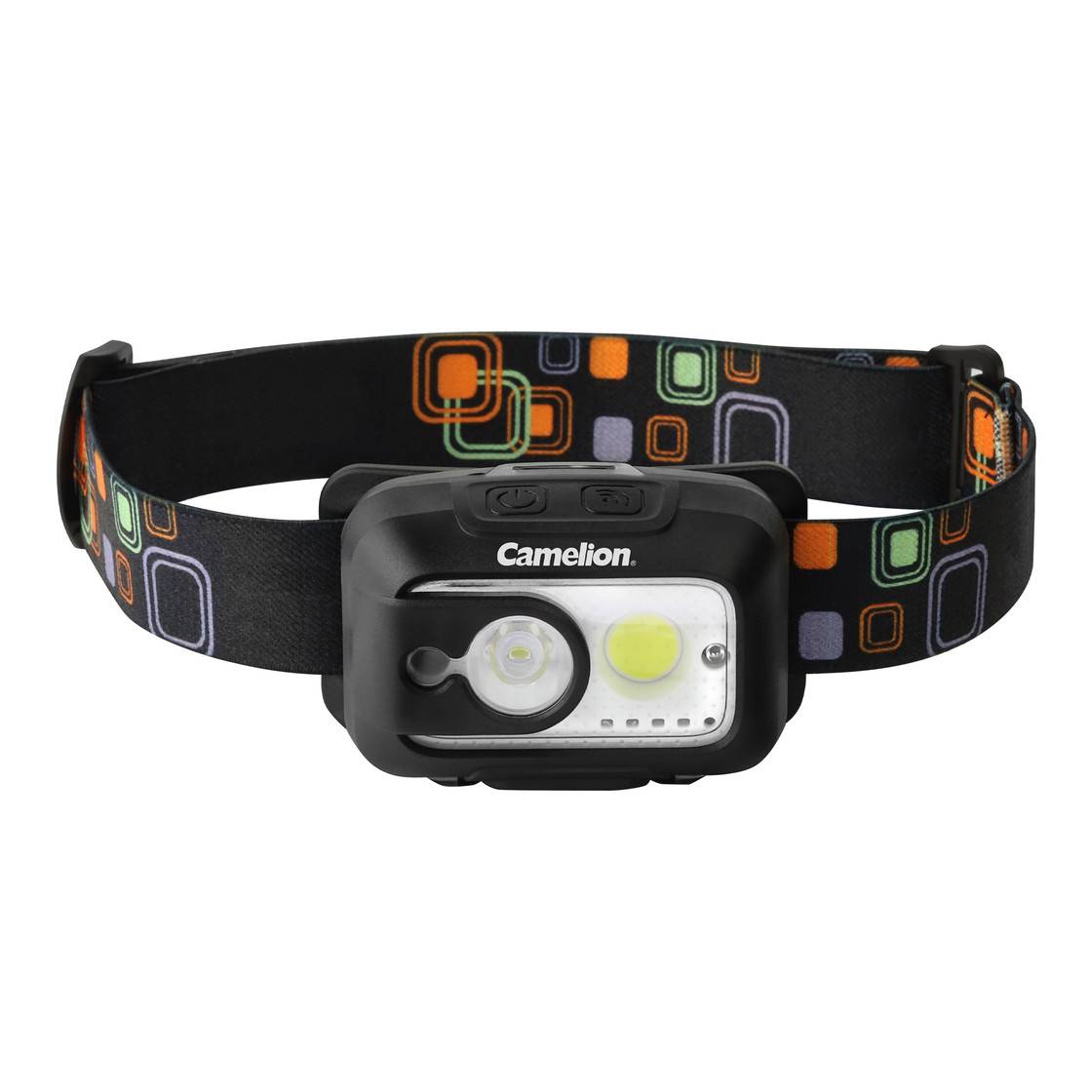 Schwarze Camelion-Stirnlampe mit gemustertem elastischem Kopfband, ausgestattet mit einer vorderen LED-Leuchte und gelbes Hilfslicht auf weißem Hintergrund.