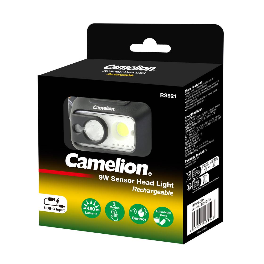 Camelion 9W wiederaufladbare Sensor-Stirnlampe in schwarzer Schachtel, zeigt die Stirnlampe, USB-C-Eingang, 480 Lumen, 3 Modi, Sensor und verstellbaren Kopfbügel.