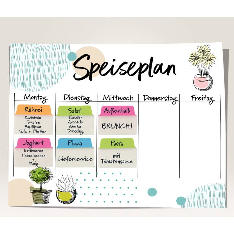 Wochentagsernährungsplan mit farbenfrohen handschriftlichen Abschnitten. Tage von Montag bis Freitag. Beinhaltet Mahlzeitsideen wie 'Rührei', 'Salat', 'Pizza', 'Brunch'.
