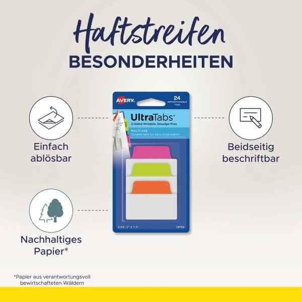 Haftstreifen UltraTabs 63,5x25,4 mm neonfarbig VE=24 Stück