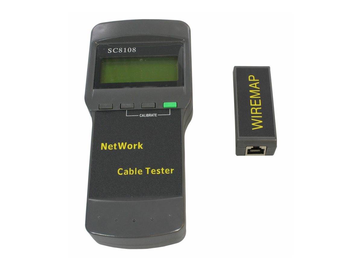 Netzwerkkabeltester und Wiremap-Ferneinheit auf weißem Hintergrund.