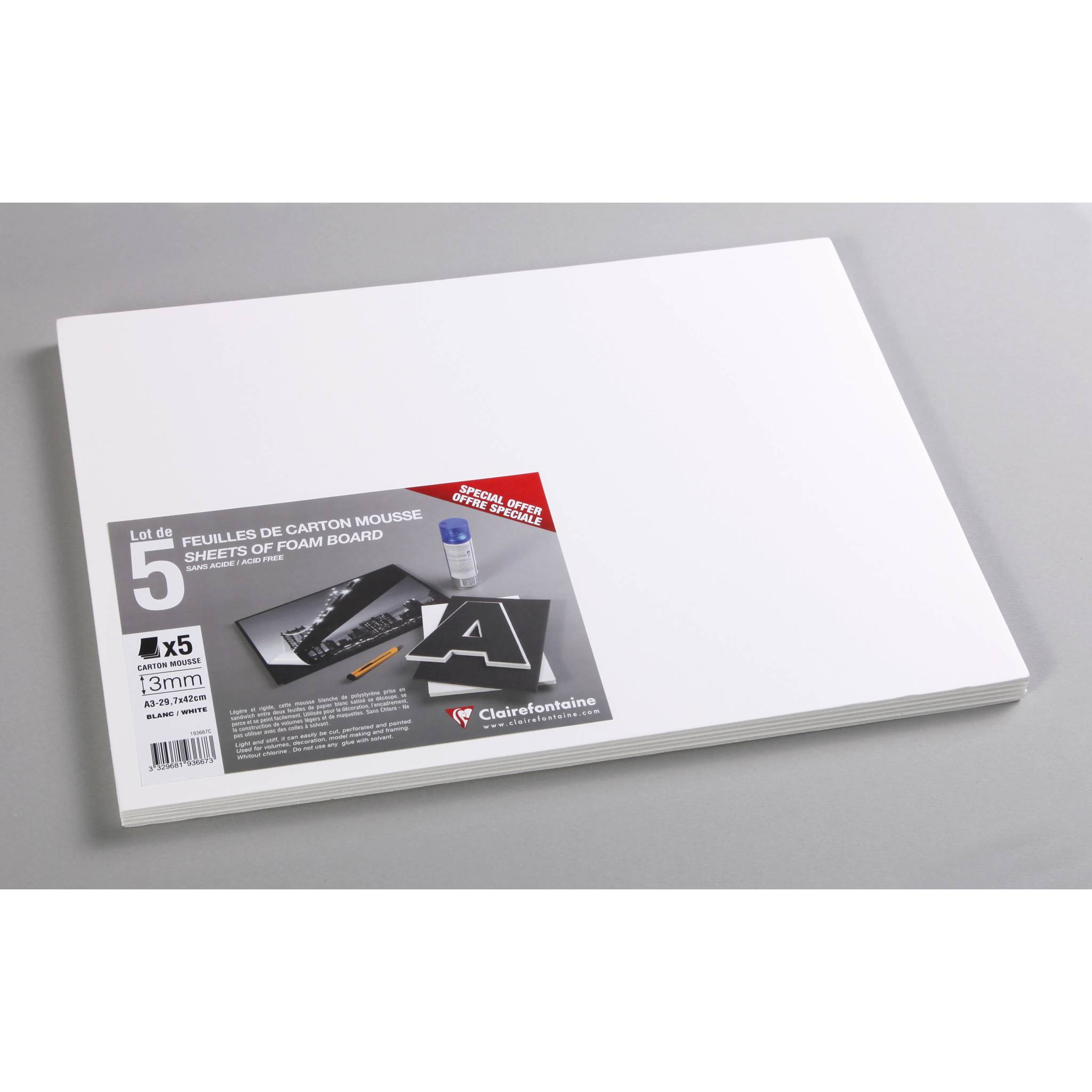 Clairefontaine Schaumkarton 3,0 mm DIN A3 5 Bogen - Weiß 193667C